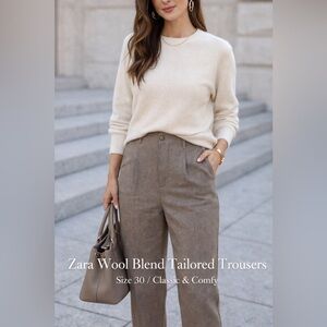 Zara Wool Blend Tailored Trousers‎ Brown High Rise Straight Leg Size 30